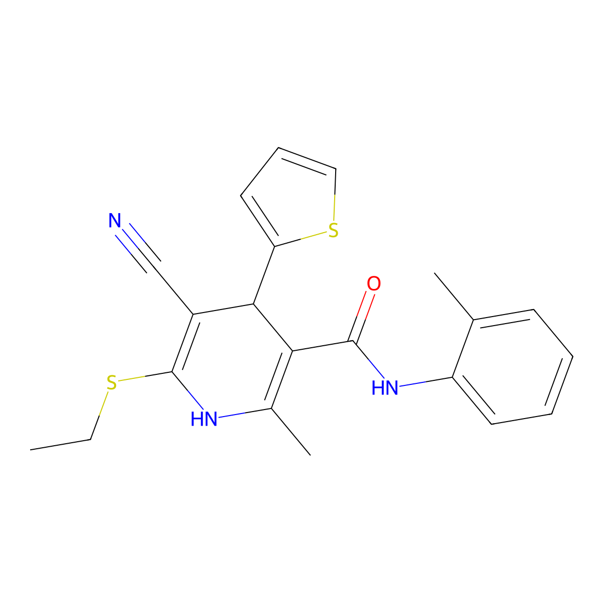 5-cyano-6-ethylsulfanyl-2-methyl-N-(2-methylphenyl)-4-thiophen-2-yl-1,4-dihydropyridine-3-carboxamide molecular structure, CAS 332162-33-1