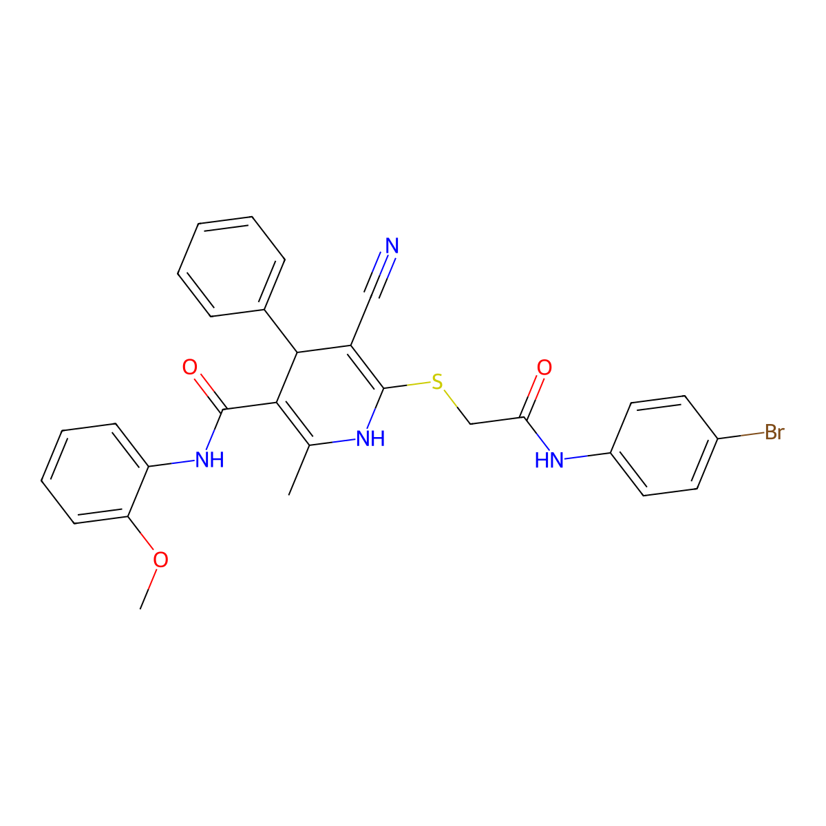 6-((2-((4-bromophenyl)amino)-2-oxoethyl)thio)-5-cyano-N-(2-methoxyphenyl)-2-methyl-4-phenyl-1,4-dihydropyridine-3-carboxamide molecular structure, CAS 332162-36-4