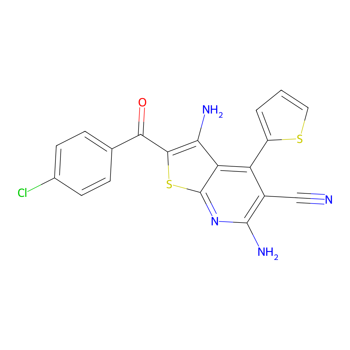 3,6-Diamino-2-(4-chlorobenzoyl)-4-(thiophen-2-yl)thieno[2,3-b]pyridine-5-carbonitrile molecular structure, CAS 332162-57-9