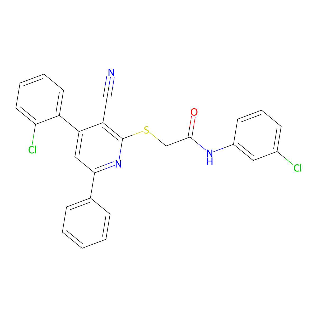 N-(3-Chlorophenyl)-2-((4-(2-chlorophenyl)-3-cyano-6-phenylpyridin-2-yl)thio)acetamide molecular structure, CAS 332162-79-5