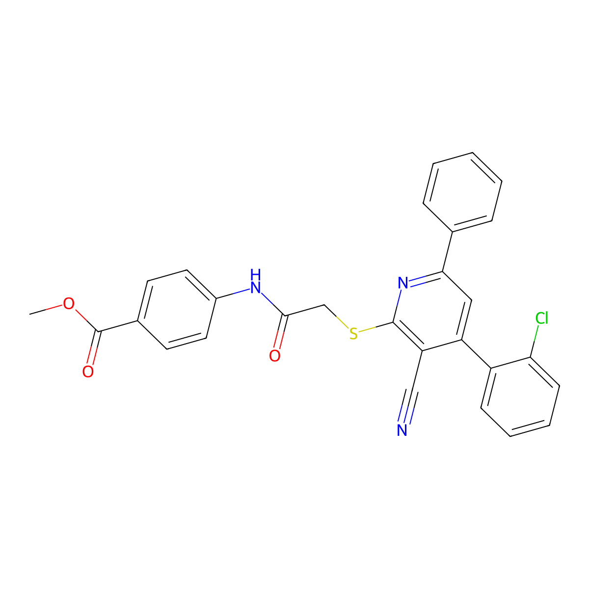 Methyl 4-(2-((4-(2-chlorophenyl)-3-cyano-6-phenylpyridin-2-yl)thio)acetamido)benzoate molecular structure, CAS 332162-82-0