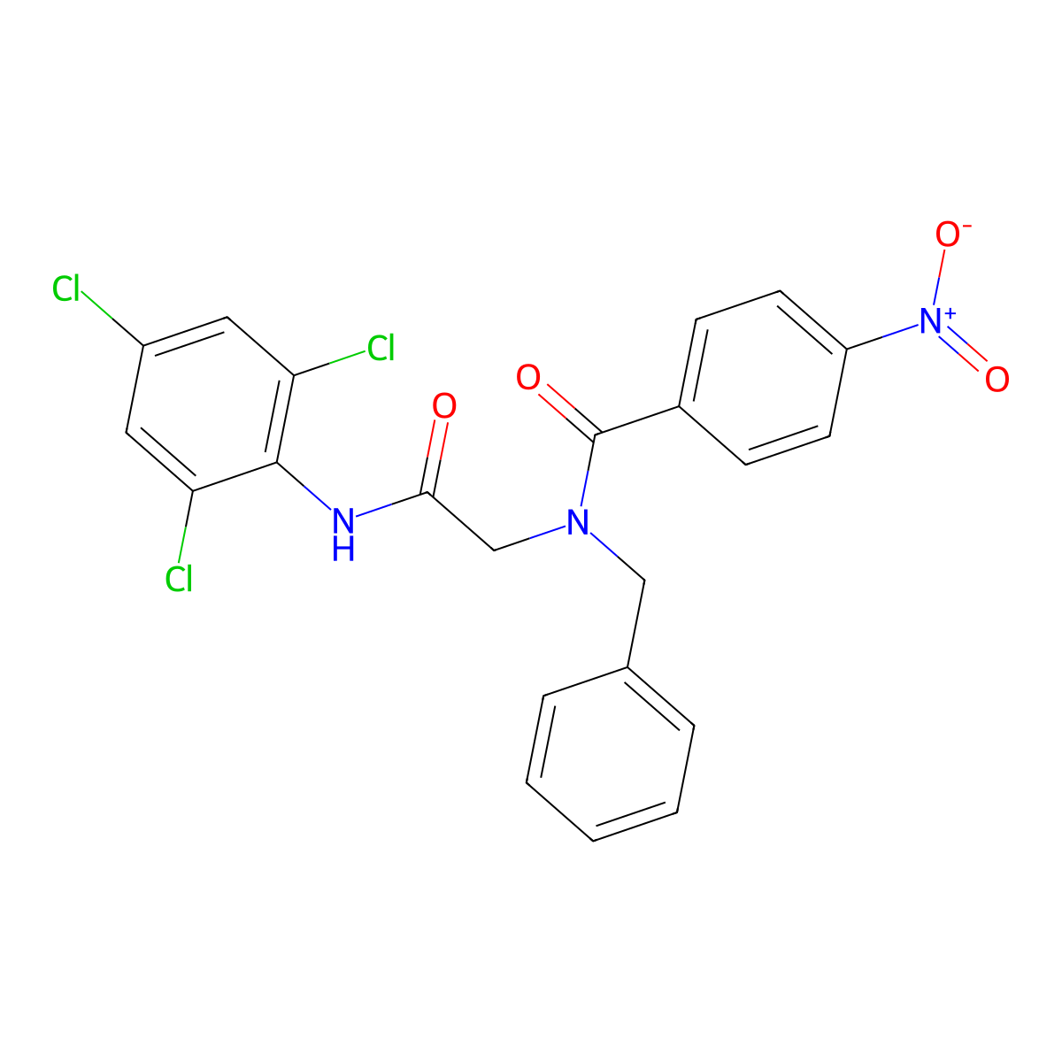 N-Benzyl-4-nitro-N-(2-oxo-2-((2,4,6-trichlorophenyl)amino)ethyl)benzamide molecular structure, CAS 332163-25-4