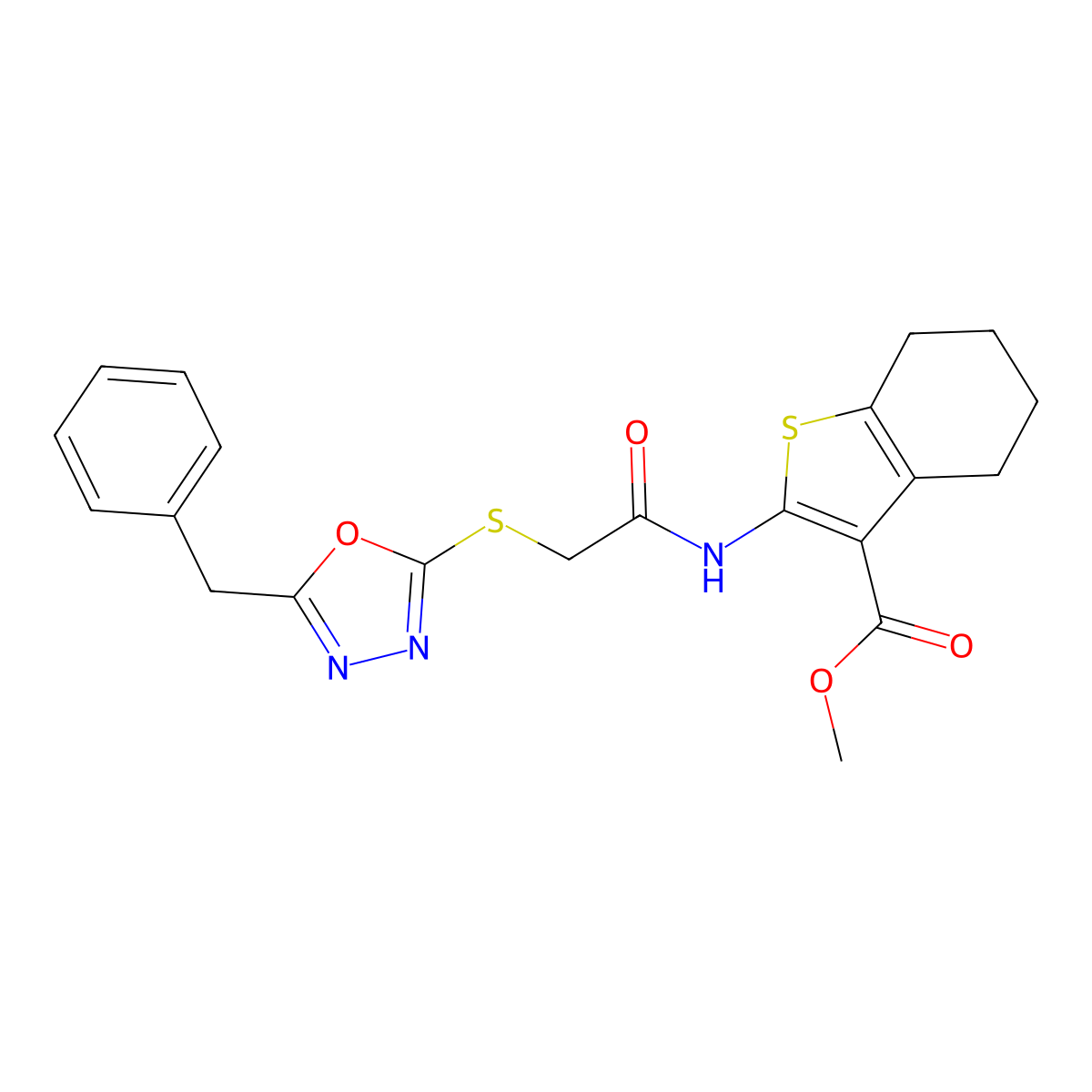 Methyl 2-(2-((5-benzyl-1,3,4-oxadiazol-2-yl)thio)acetamido)-4,5,6,7-tetrahydrobenzo[b]thiophene-3-carboxylate molecular structure, CAS 332163-26-5