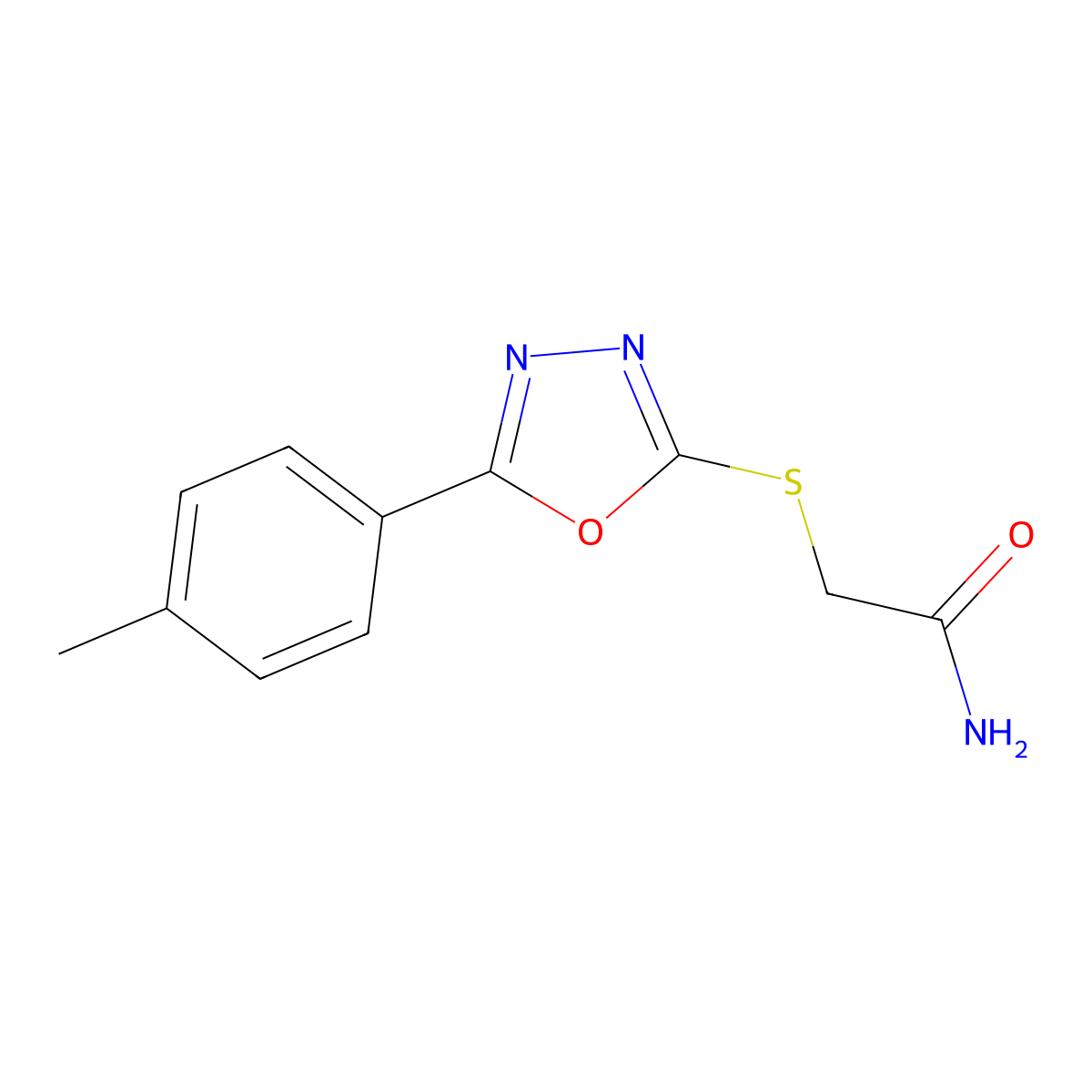 2-((5-(p-Tolyl)-1,3,4-oxadiazol-2-yl)thio)acetamide molecular structure, CAS 332164-67-7