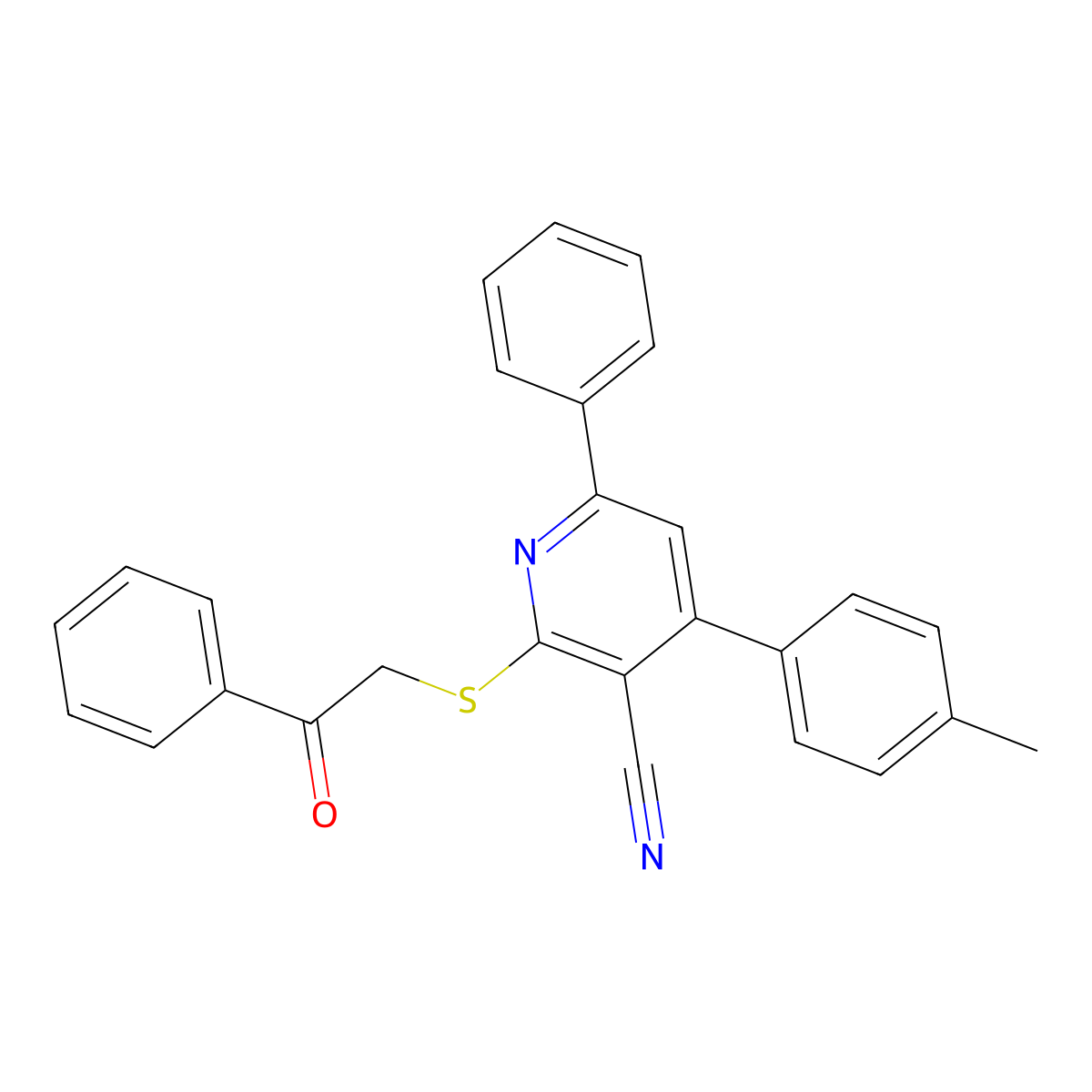 2-((2-Oxo-2-phenylethyl)thio)-6-phenyl-4-(p-tolyl)nicotinonitrile molecular structure, CAS 332164-86-0