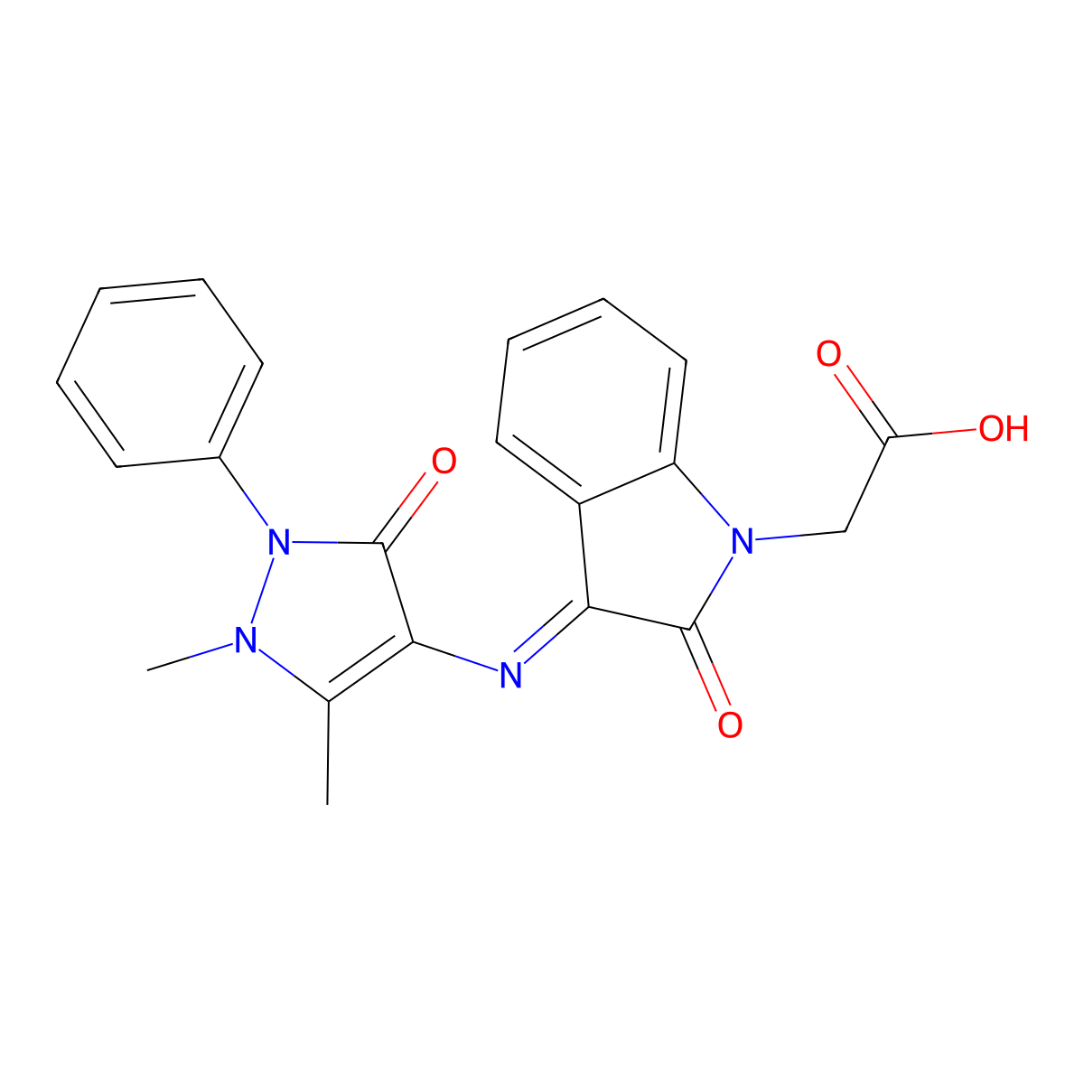 2-{3-[(1,5-dimethyl-3-oxo-2-phenyl-2,3-dihydro-1H-pyrazol-4-yl)imino]-2-oxo-2,3-dihydro-1H-indol-1-yl}acetic acid molecular structure, CAS 332168-65-7