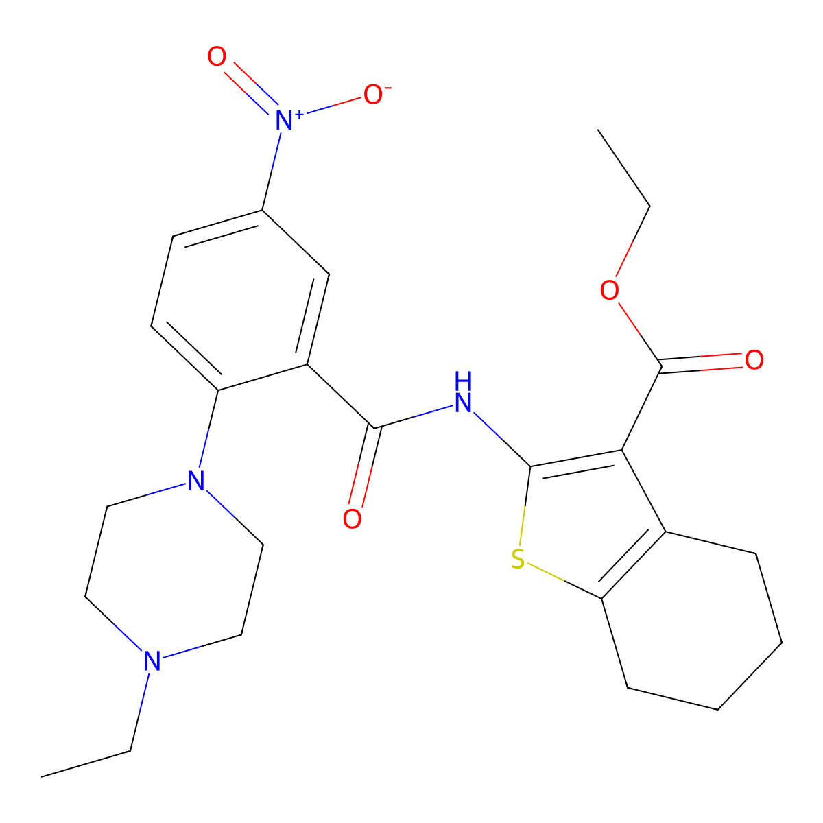 Ethyl 2-[[2-(4-ethylpiperazin-1-yl)-5-nitrobenzoyl]amino]-4,5,6,7-tetrahydro-1-benzothiophene-3-carboxylate molecular structure, CAS 332168-80-6