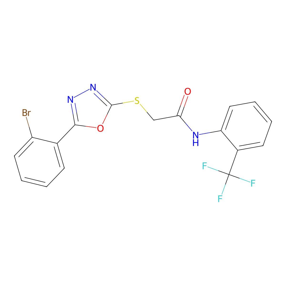 2-((5-(2-Bromophenyl)-1,3,4-oxadiazol-2-yl)thio)-N-(2-(trifluoromethyl)phenyl)acetamide molecular structure, CAS 332170-99-7