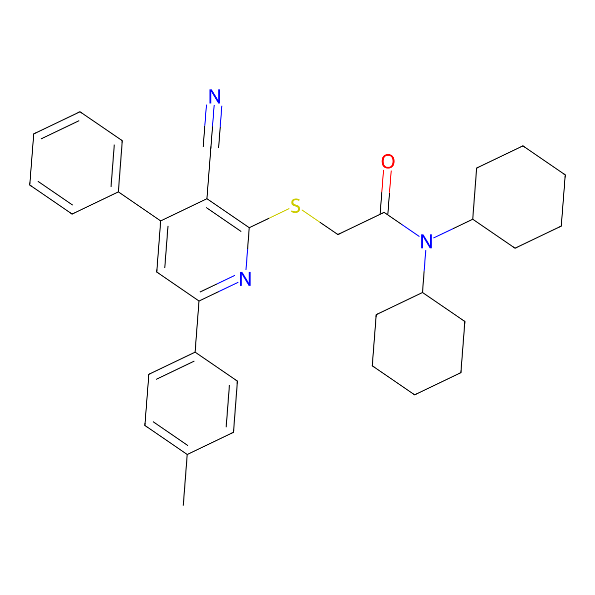 2-((3-Cyano-4-phenyl-6-(p-tolyl)pyridin-2-yl)thio)-N,N-dicyclohexylacetamide molecular structure, CAS 332171-11-6