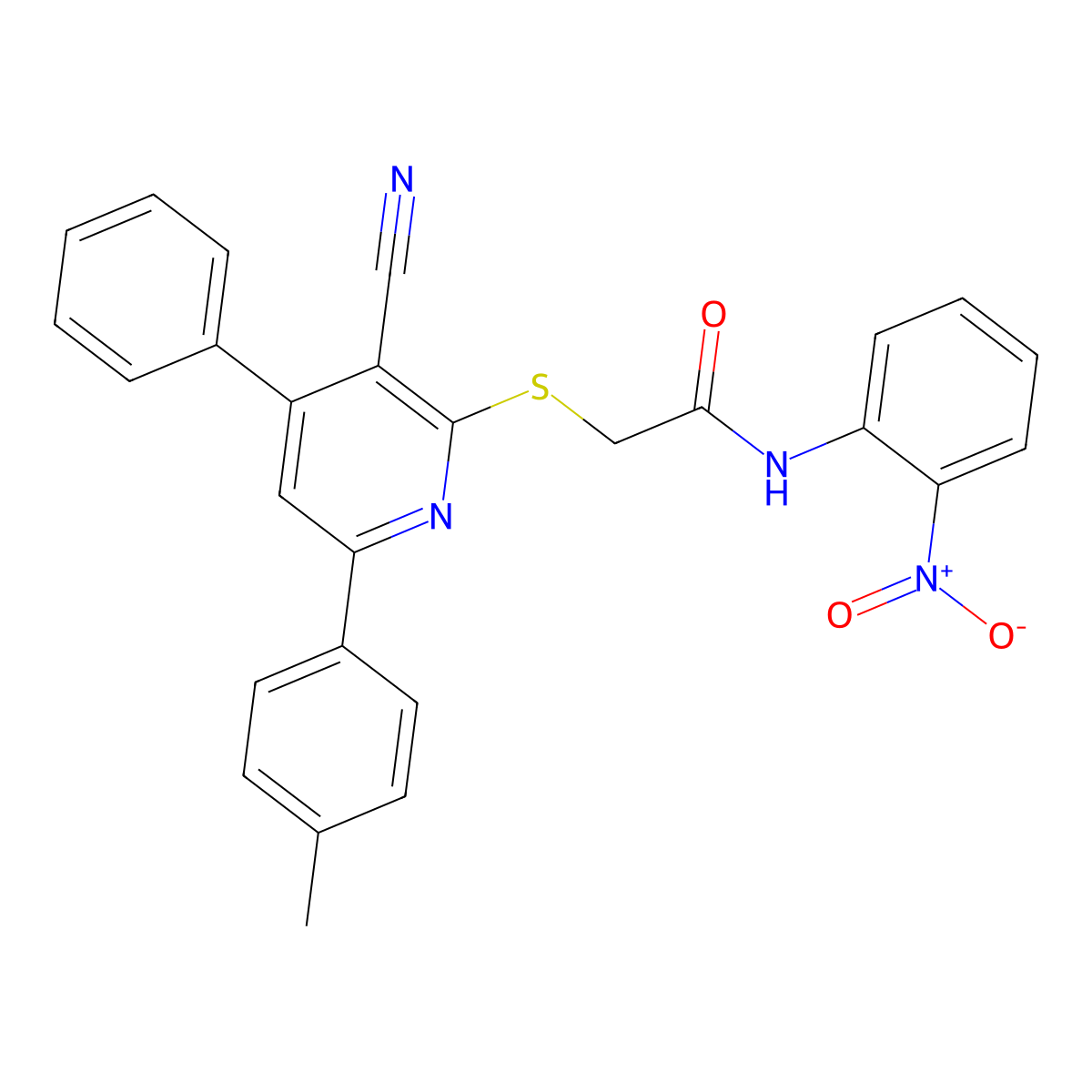 2-((3-Cyano-4-phenyl-6-(p-tolyl)pyridin-2-yl)thio)-N-(2-nitrophenyl)acetamide molecular structure, CAS 332171-34-3