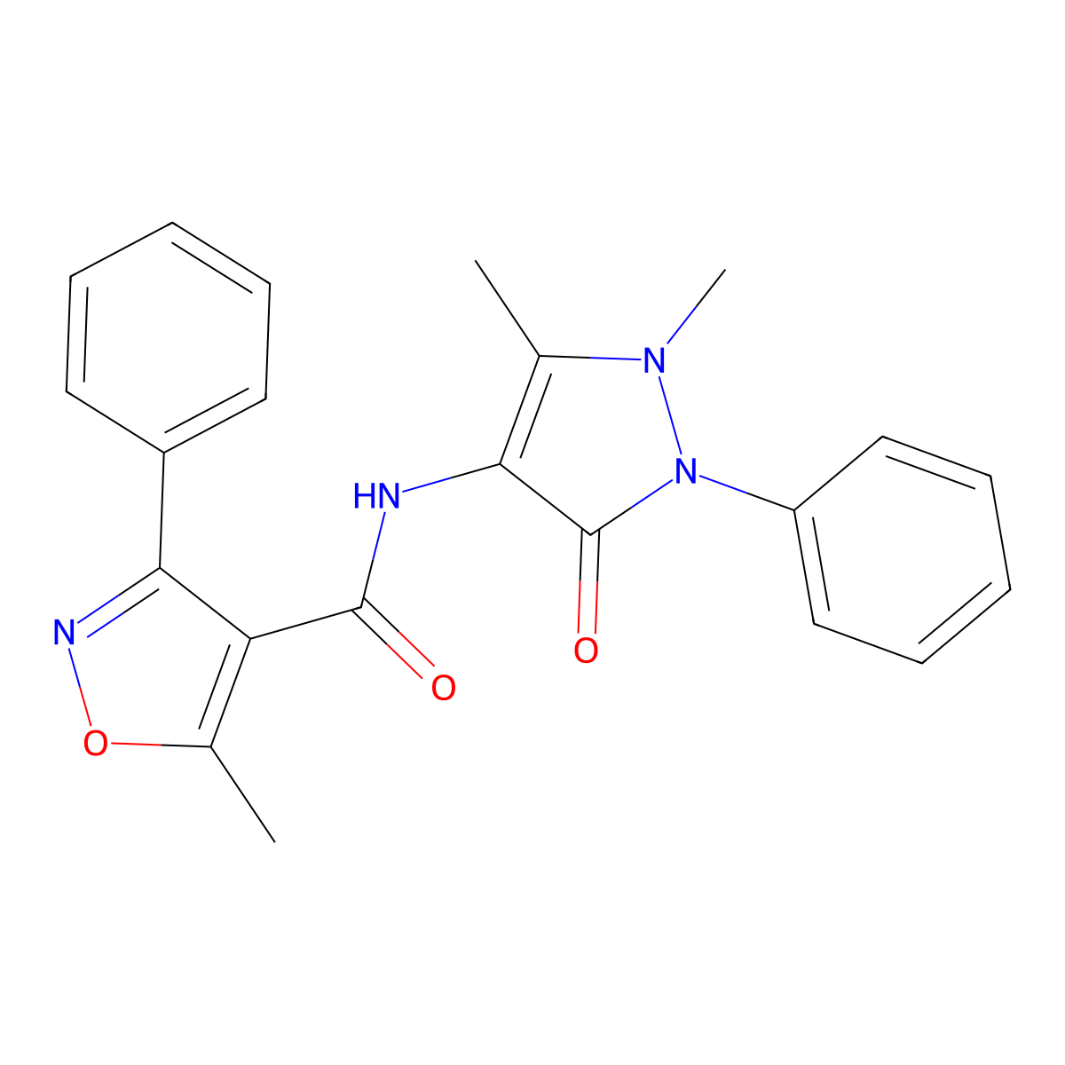 N-(1,5-dimethyl-3-oxo-2-phenyl-2,3-dihydro-1H-pyrazol-4-yl)-5-methyl-3-phenyl-4-isoxazolecarboxamide molecular structure, CAS 332174-84-2