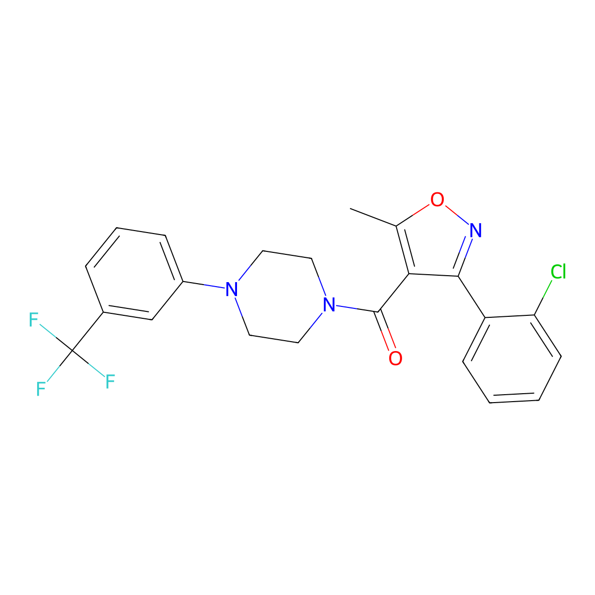 [3-(2-Chlorophenyl)-5-methyl-1,2-oxazol-4-yl]-[4-[3-(trifluoromethyl)phenyl]piperazin-1-yl]methanone molecular structure, CAS 332174-85-3