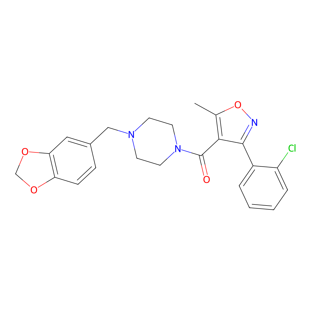[4-(1,3-Benzodioxol-5-ylmethyl)piperazin-1-yl]-[3-(2-chlorophenyl)-5-methyl-1,2-oxazol-4-yl]methanone molecular structure, CAS 332174-89-7