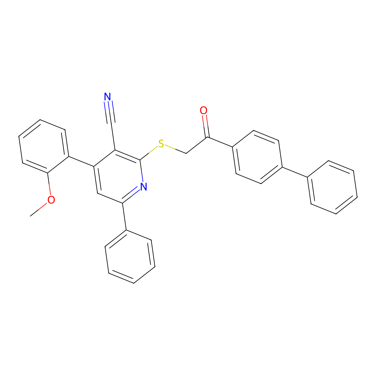4-(2-Methoxyphenyl)-2-[2-oxo-2-(4-phenylphenyl)ethyl]sulfanyl-6-phenylpyridine-3-carbonitrile molecular structure, CAS 332174-95-5