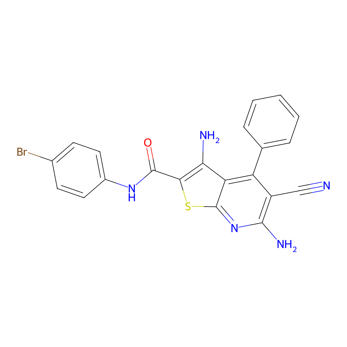 3,6-diamino-N-(4-bromophenyl)-5-cyano-4-phenylthieno[2,3-b]pyridine-2-carboxamide molecular structure, CAS 332175-01-6