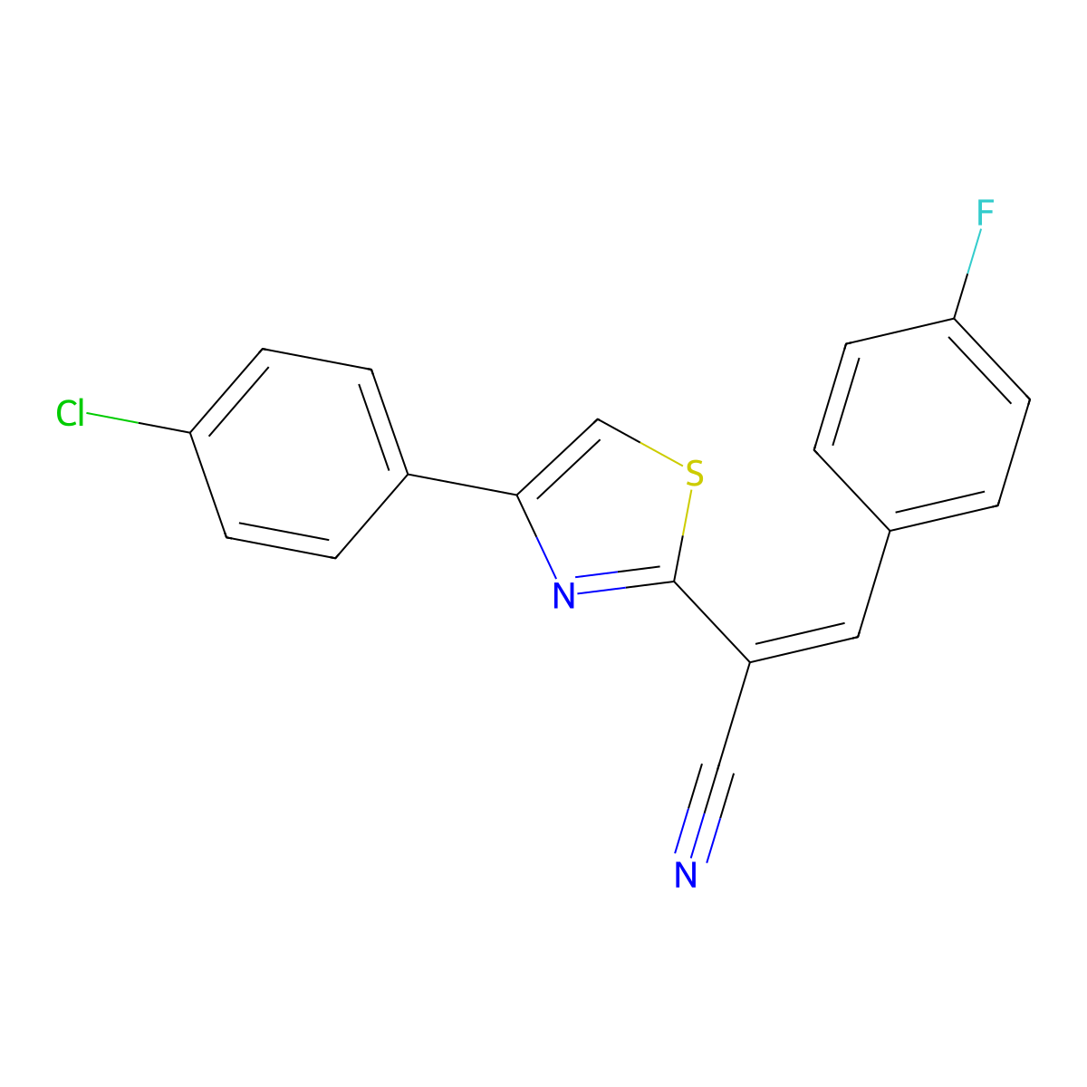 (2E)-2-[4-(4-chlorophenyl)-1,3-thiazol-2-yl]-3-(4-fluorophenyl)prop-2-enenitrile molecular structure, CAS 332175-35-6
