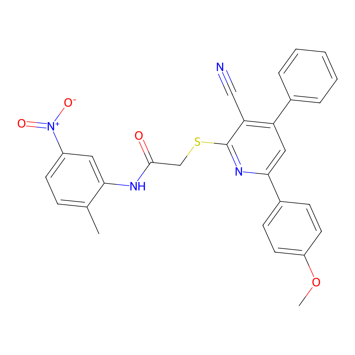 2-((3-Cyano-6-(4-methoxyphenyl)-4-phenylpyridin-2-yl)thio)-N-(2-methyl-5-nitrophenyl)acetamide molecular structure, CAS 332175-65-2