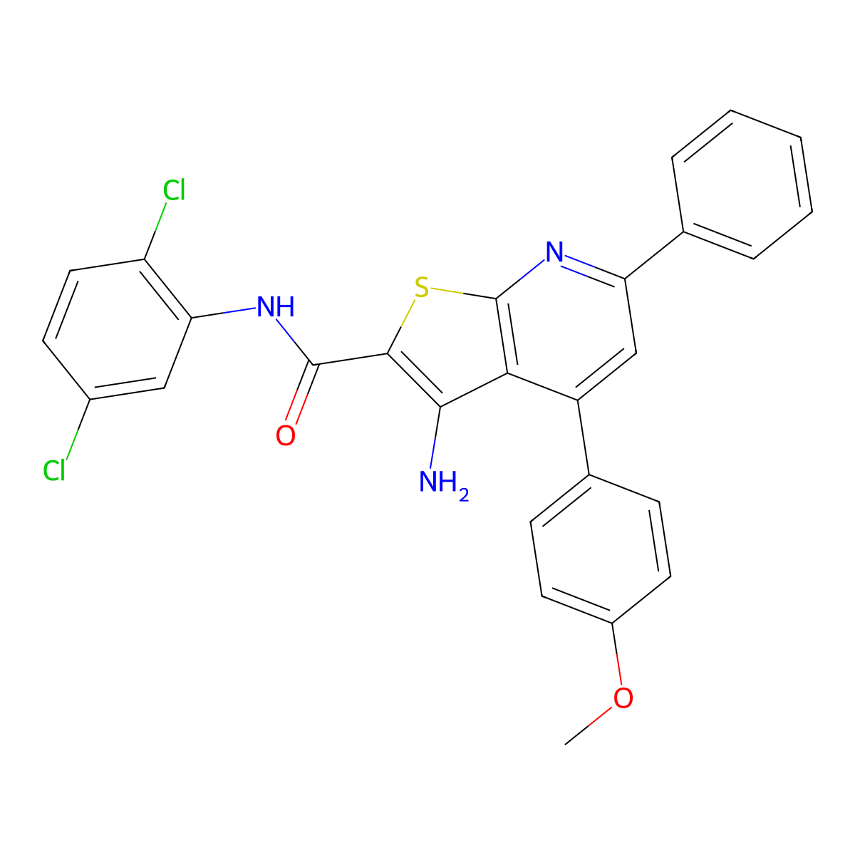 3-amino-N-(2,5-dichlorophenyl)-4-(4-methoxyphenyl)-6-phenylthieno[2,3-b]pyridine-2-carboxamide molecular structure, CAS 332175-75-4