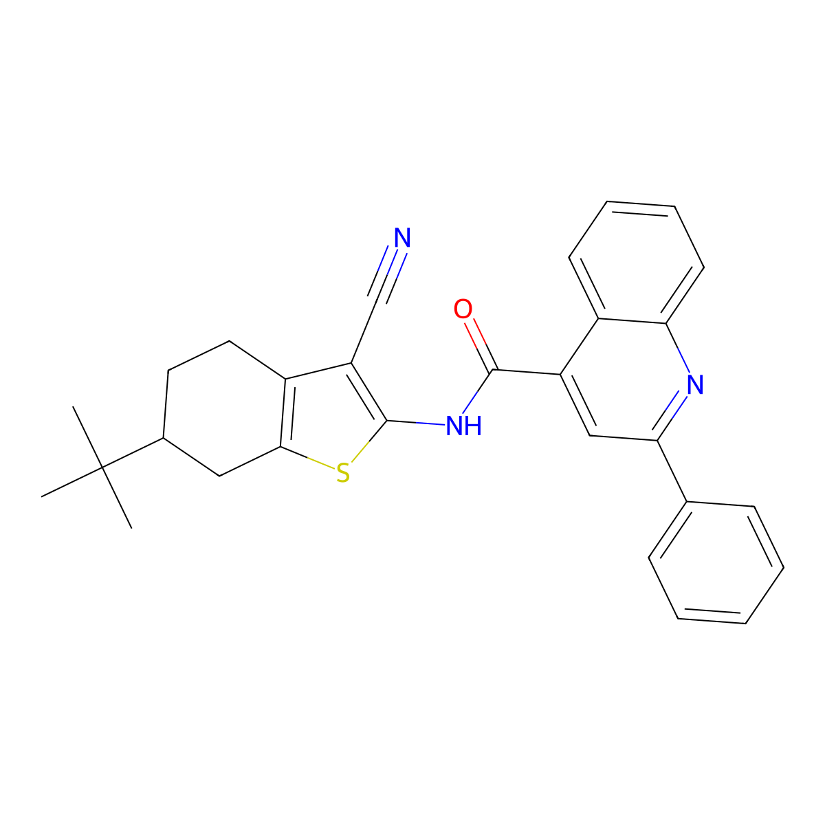 N-(6-(tert-Butyl)-3-cyano-4,5,6,7-tetrahydrobenzo[b]thiophen-2-yl)-2-phenylquinoline-4-carboxamide molecular structure, CAS 332176-01-9