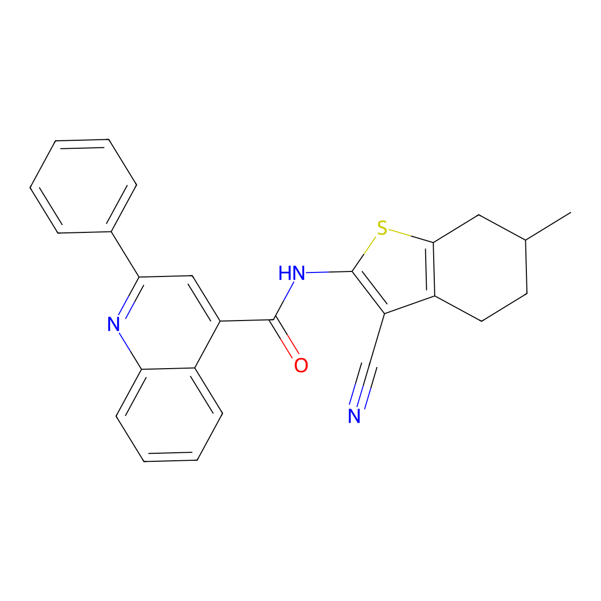 N-(3-cyano-6-methyl-4,5,6,7-tetrahydro-1-benzothiophen-2-yl)-2-phenylquinoline-4-carboxamide molecular structure, CAS 332176-02-0