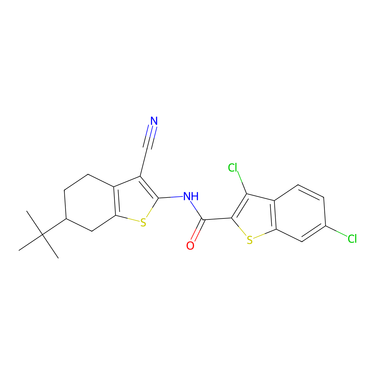 N-(6-(tert-Butyl)-3-cyano-4,5,6,7-tetrahydrobenzo[b]thiophen-2-yl)-3,6-dichlorobenzo[b]thiophene-2-carboxamide molecular structure, CAS 332176-08-6