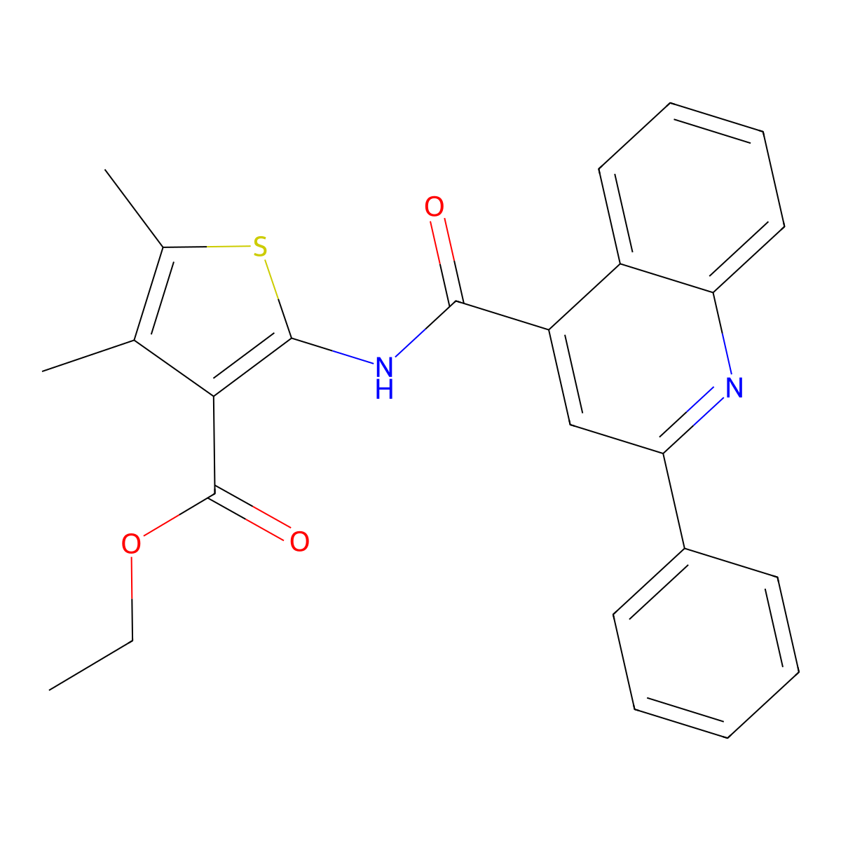 Ethyl 4,5-dimethyl-2-(2-phenylquinoline-4-carboxamido)thiophene-3-carboxylate molecular structure, CAS 332176-47-3