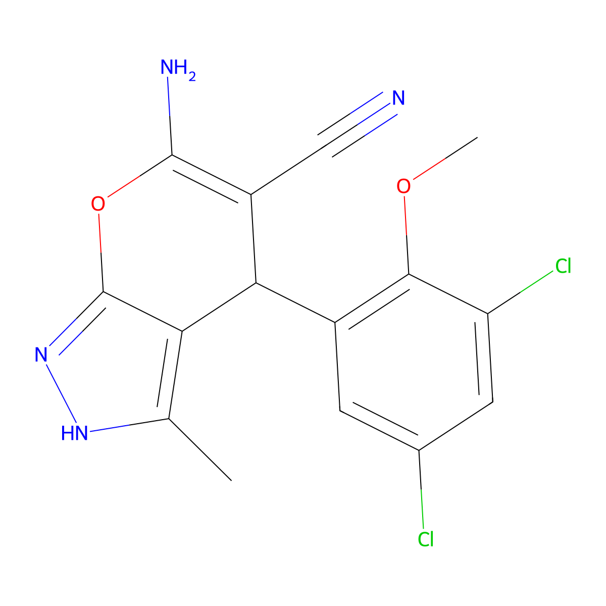 6-Amino-4-(3,5-dichloro-2-methoxyphenyl)-3-methyl-1,4-dihydropyrano[2,3-c]pyrazole-5-carbonitrile molecular structure, CAS 332177-04-5