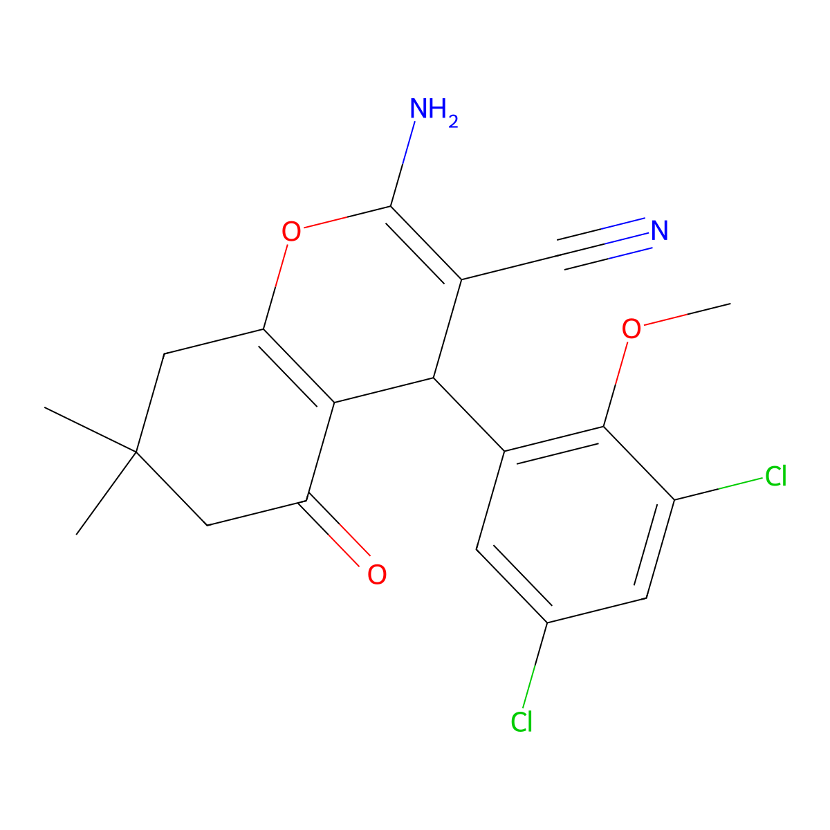 2-Amino-4-(3,5-dichloro-2-methoxyphenyl)-7,7-dimethyl-5-oxo-5,6,7,8-tetrahydro-4H-chromene-3-carbonitrile molecular structure, CAS 332177-06-7