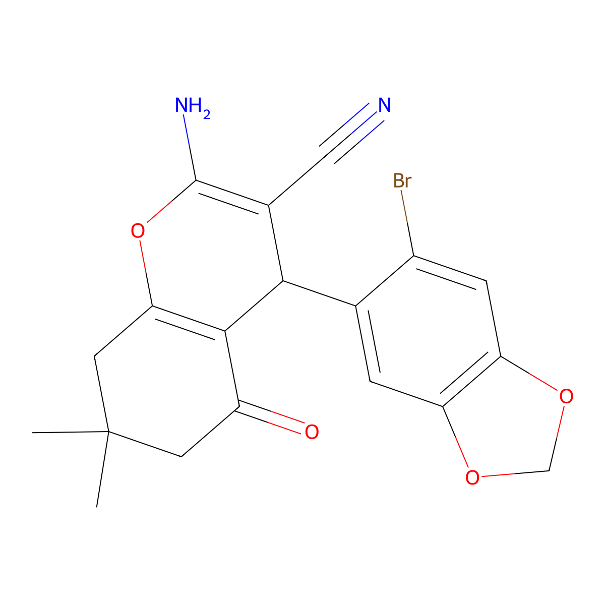 2-Amino-4-(6-bromobenzo[d][1,3]dioxol-5-yl)-7,7-dimethyl-5-oxo-5,6,7,8-tetrahydro-4H-chromene-3-carbonitrile molecular structure, CAS 332177-07-8