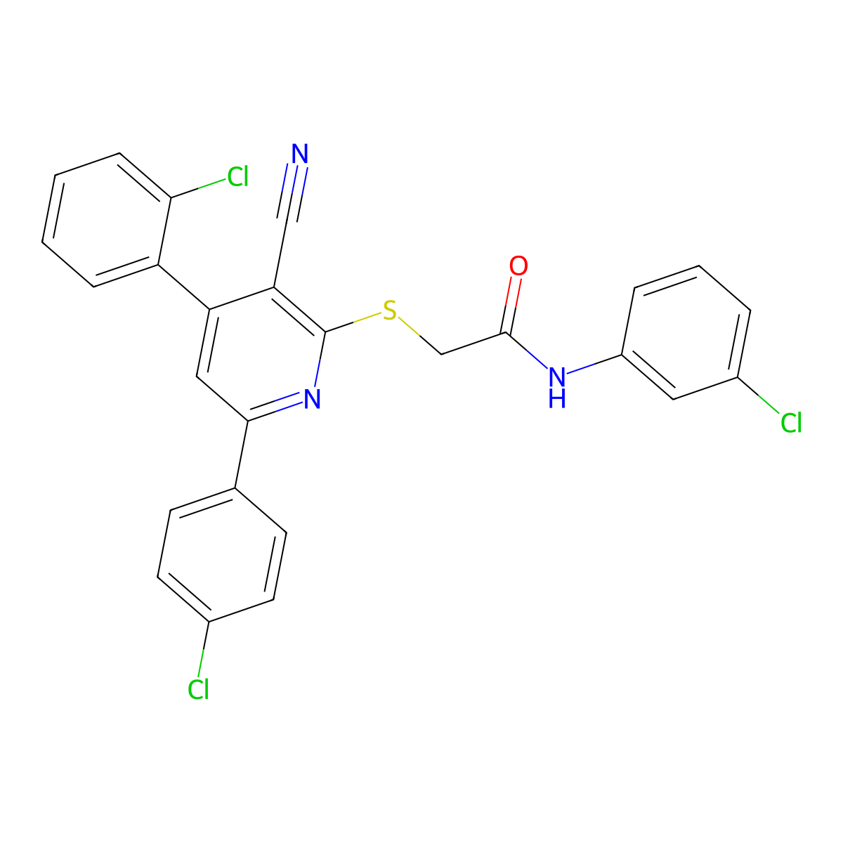 N-(3-chlorophenyl)-2-((4-(2-chlorophenyl)-6-(4-chlorophenyl)-3-cyanopyridin-2-yl)thio)acetamide molecular structure, CAS 332177-11-4