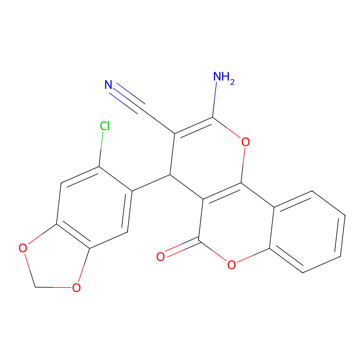 2-Amino-4-(6-chlorobenzo[d][1,3]dioxol-5-yl)-5-oxo-4,5-dihydropyrano[3,2-c]chromene-3-carbonitrile molecular structure, CAS 332177-13-6
