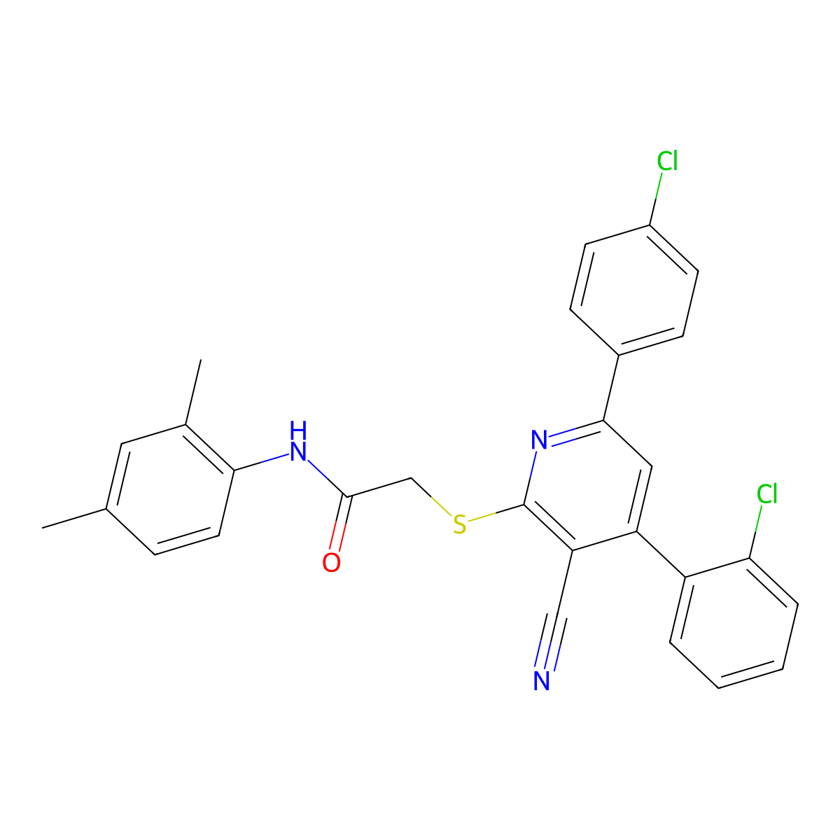 2-((4-(2-Chlorophenyl)-6-(4-chlorophenyl)-3-cyanopyridin-2-yl)thio)-N-(2,4-dimethylphenyl)acetamide molecular structure, CAS 332177-22-7