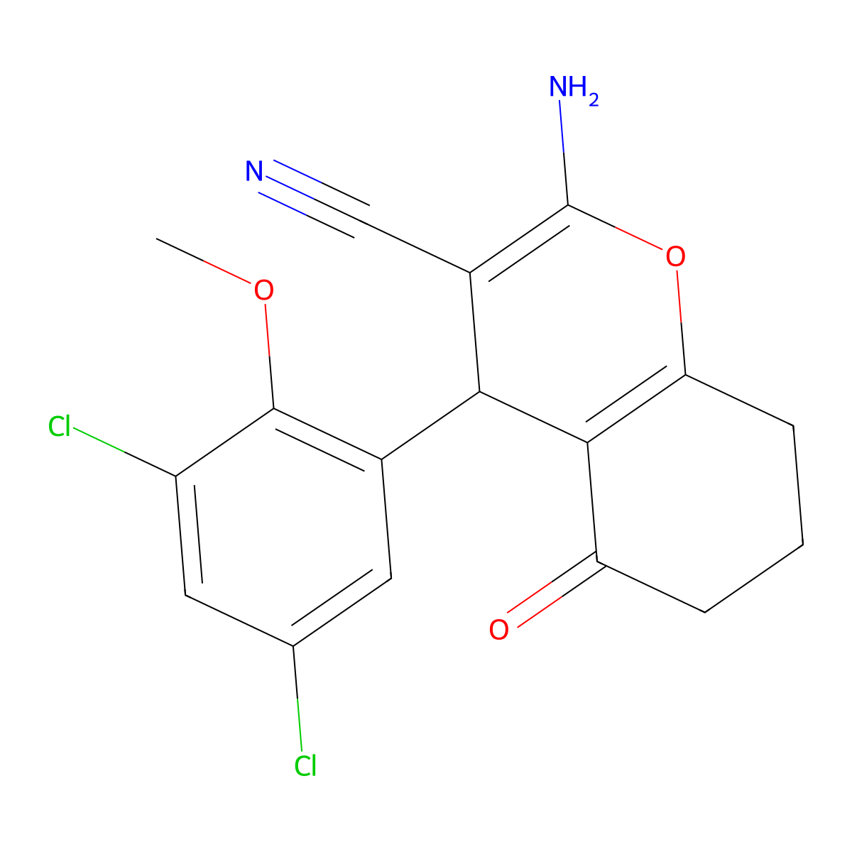 2-Amino-4-(3,5-dichloro-2-methoxyphenyl)-5-oxo-5,6,7,8-tetrahydro-4H-chromene-3-carbonitrile molecular structure, CAS 332177-29-4