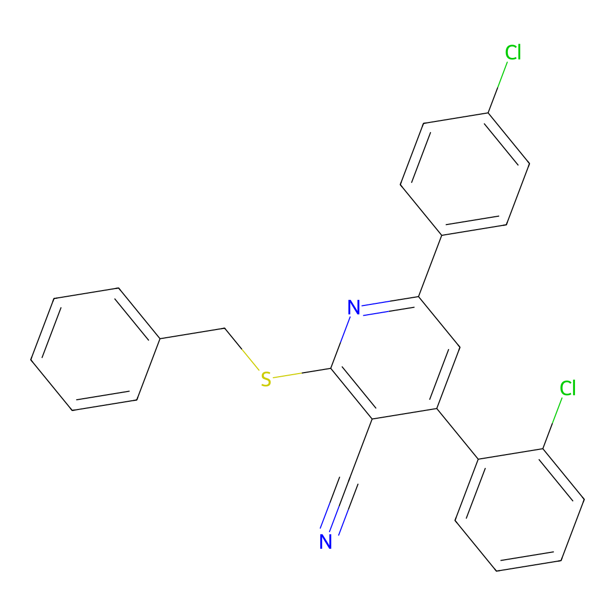 2-(Benzylthio)-4-(2-chlorophenyl)-6-(4-chlorophenyl)nicotinonitrile molecular structure, CAS 332177-30-7