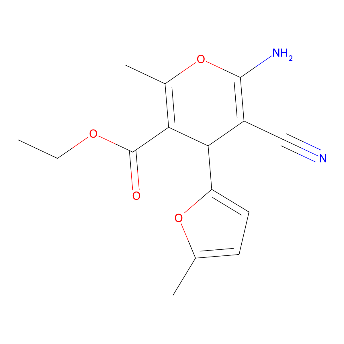 ethyl 6-amino-5-cyano-2-methyl-4-(5-methylfuran-2-yl)-4H-pyran-3-carboxylate molecular structure, CAS 332177-31-8