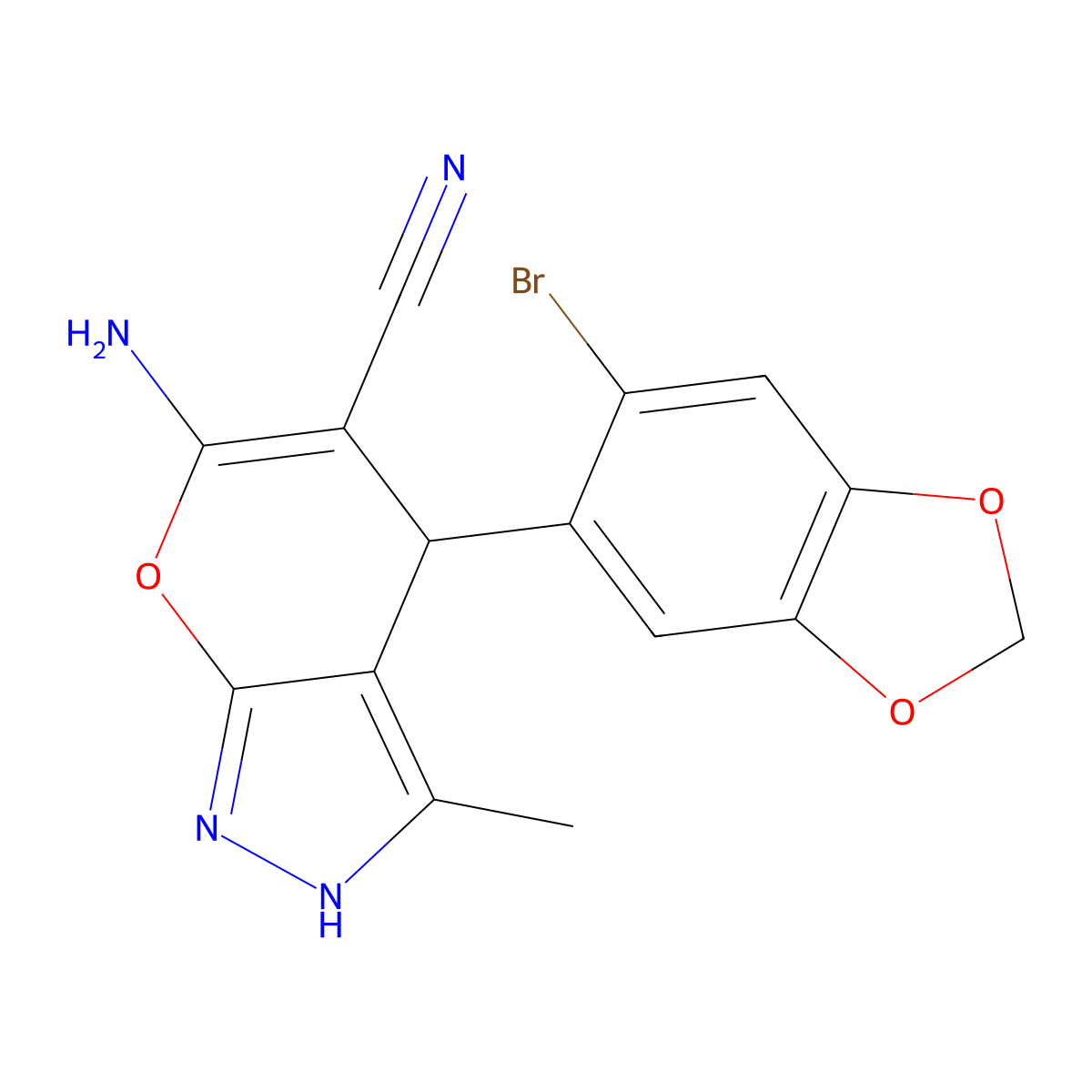 6-Amino-4-(6-bromobenzo[d][1,3]dioxol-5-yl)-3-methyl-1,4-dihydropyrano[2,3-c]pyrazole-5-carbonitrile molecular structure, CAS 332177-32-9