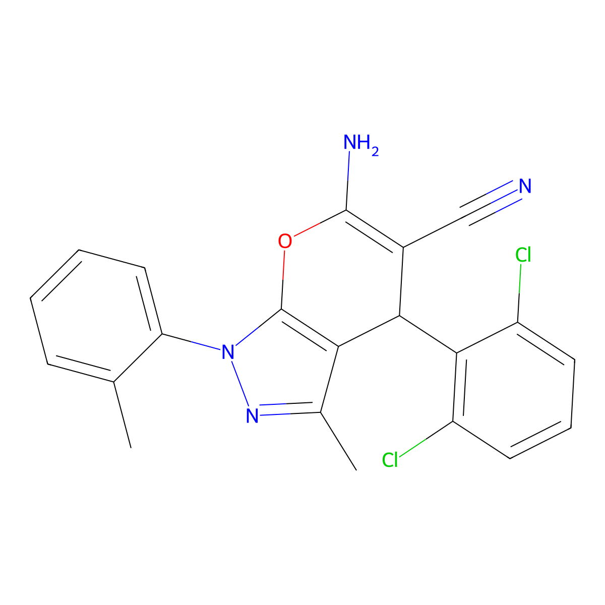 6-Amino-4-(2,6-dichlorophenyl)-3-methyl-1-(o-tolyl)-1,4-dihydropyrano[2,3-c]pyrazole-5-carbonitrile molecular structure, CAS 332177-33-0