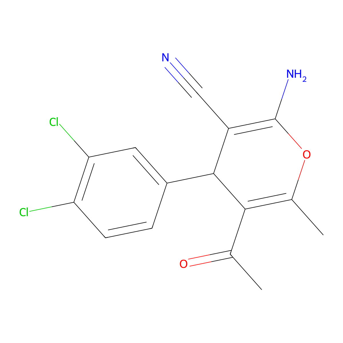 5-acetyl-2-amino-4-(3,4-dichlorophenyl)-6-methyl-4H-pyran-3-carbonitrile molecular structure, CAS 332177-37-4
