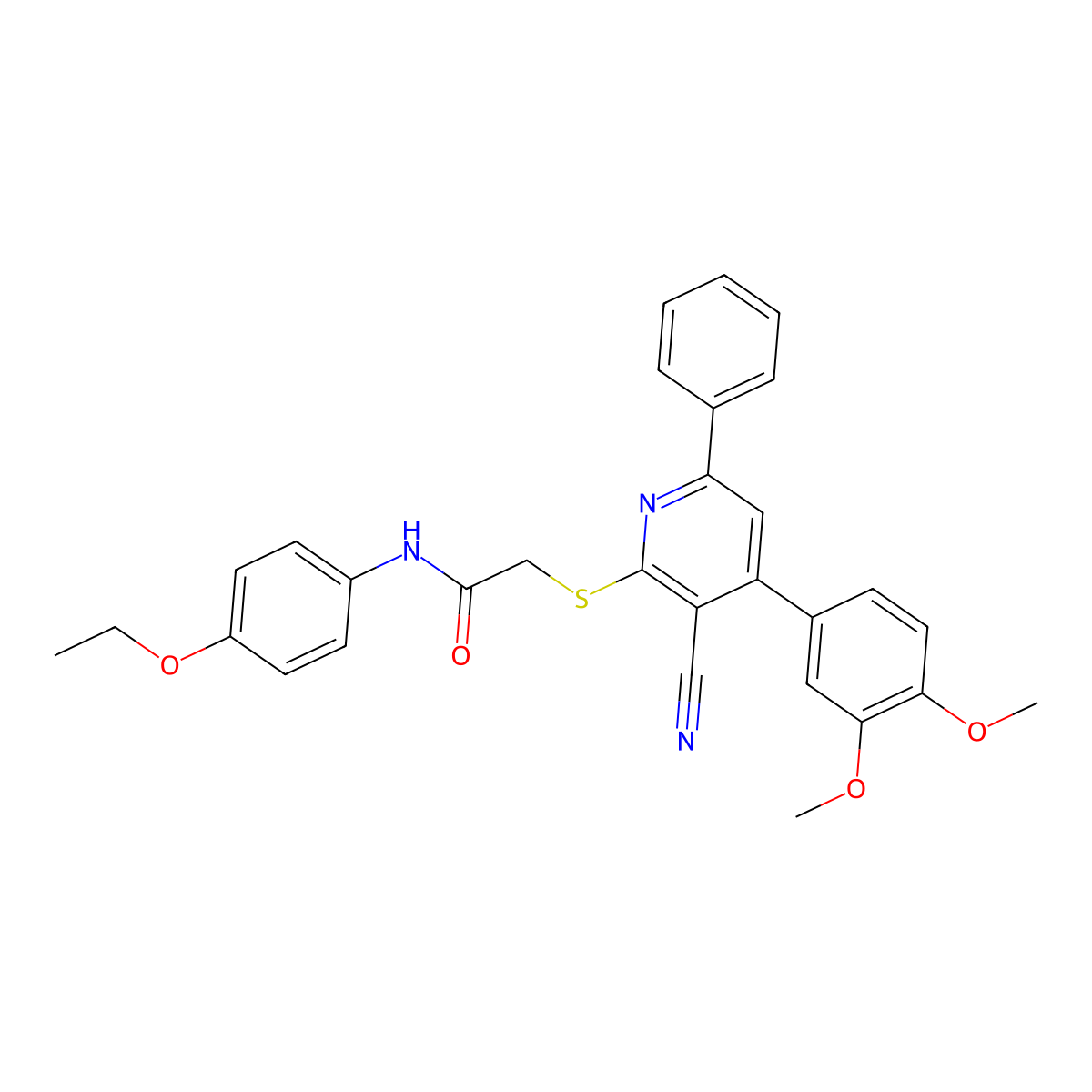 2-((3-Cyano-4-(3,4-dimethoxyphenyl)-6-phenylpyridin-2-yl)thio)-N-(4-ethoxyphenyl)acetamide molecular structure, CAS 332177-56-7