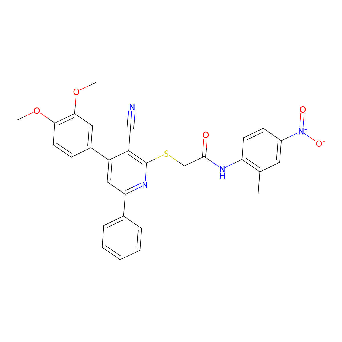 2-((3-Cyano-4-(3,4-dimethoxyphenyl)-6-phenylpyridin-2-yl)thio)-N-(2-methyl-4-nitrophenyl)acetamide molecular structure, CAS 332177-59-0