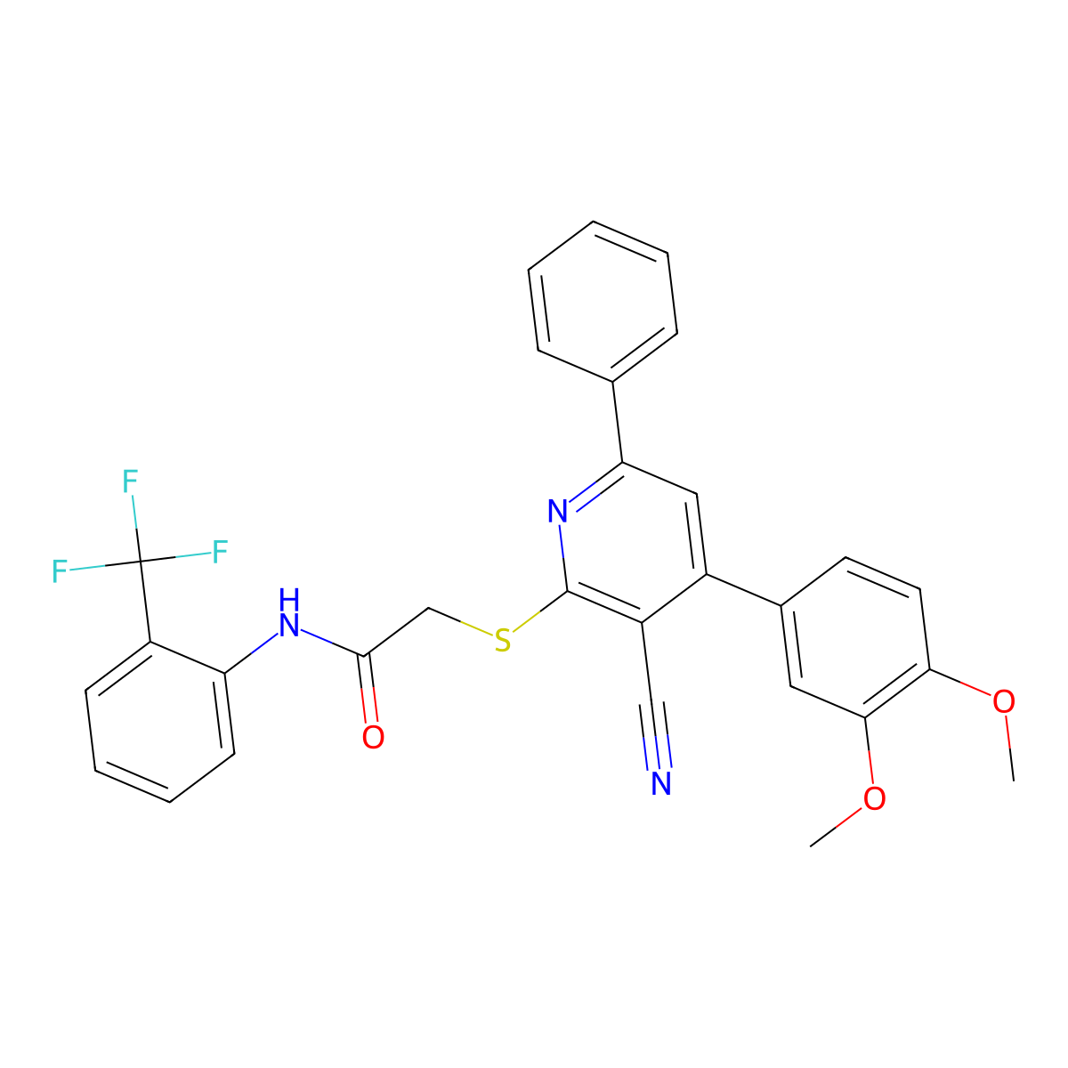 2-((3-Cyano-4-(3,4-dimethoxyphenyl)-6-phenylpyridin-2-yl)thio)-N-(2-(trifluoromethyl)phenyl)acetamide molecular structure, CAS 332177-62-5