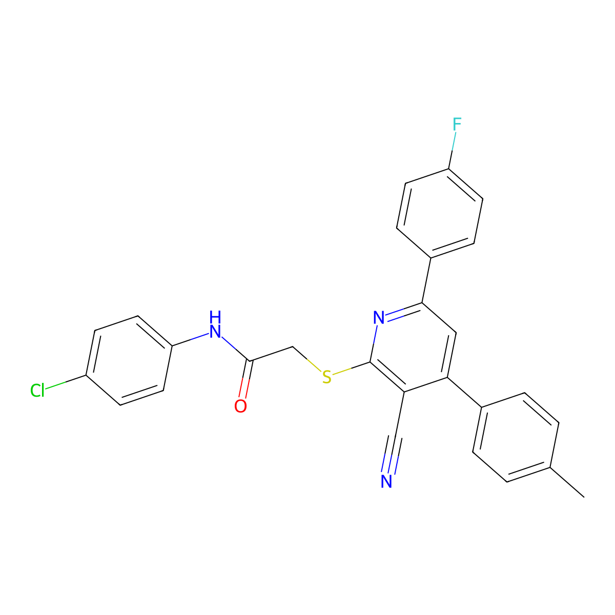 N-(4-Chlorophenyl)-2-((3-cyano-6-(4-fluorophenyl)-4-(p-tolyl)pyridin-2-yl)thio)acetamide molecular structure, CAS 332177-63-6