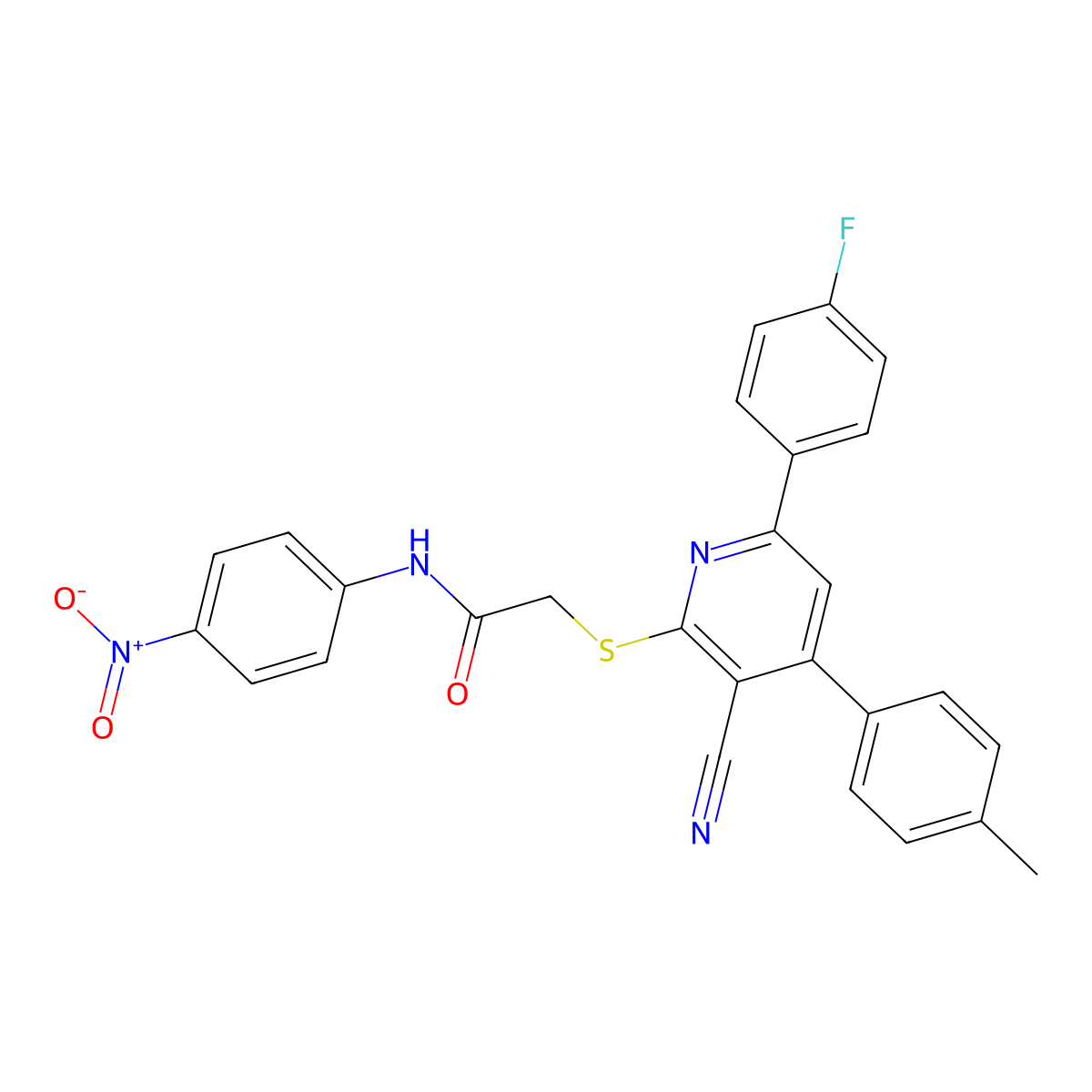 2-((3-Cyano-6-(4-fluorophenyl)-4-(p-tolyl)pyridin-2-yl)thio)-N-(4-nitrophenyl)acetamide molecular structure, CAS 332358-42-6