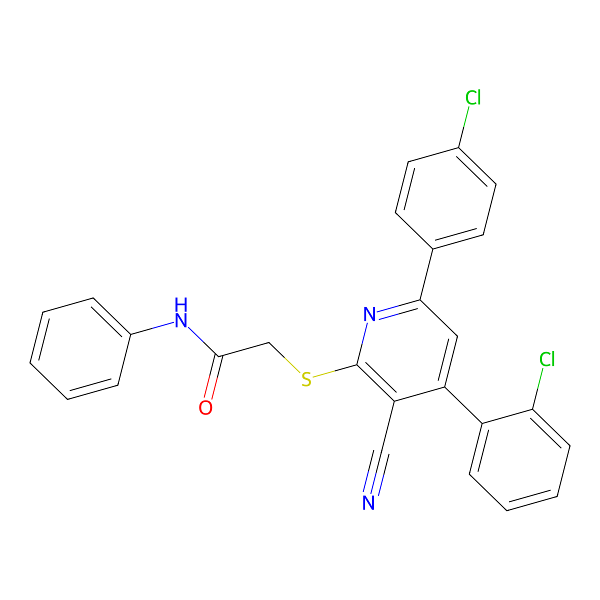 2-((4-(2-Chlorophenyl)-6-(4-chlorophenyl)-3-cyanopyridin-2-yl)thio)-N-phenylacetamide molecular structure, CAS 332372-17-5