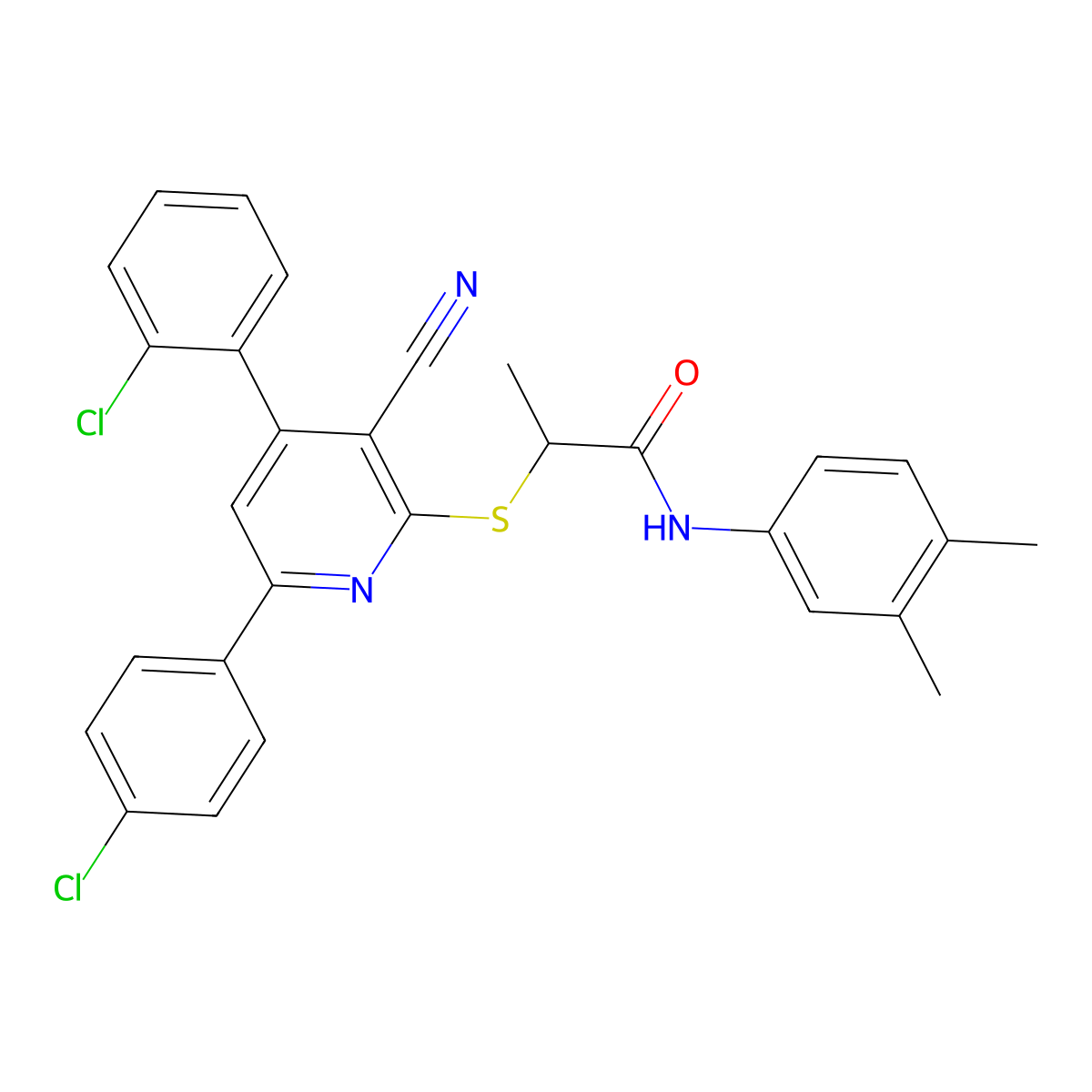 2-((4-(2-Chlorophenyl)-6-(4-chlorophenyl)-3-cyanopyridin-2-yl)thio)-N-(3,4-dimethylphenyl)propanamide molecular structure, CAS 332372-20-0