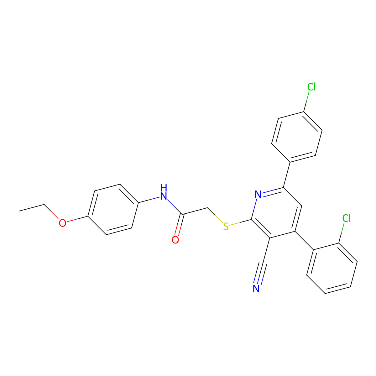2-((4-(2-Chlorophenyl)-6-(4-chlorophenyl)-3-cyanopyridin-2-yl)thio)-N-(4-ethoxyphenyl)acetamide molecular structure, CAS 332372-36-8