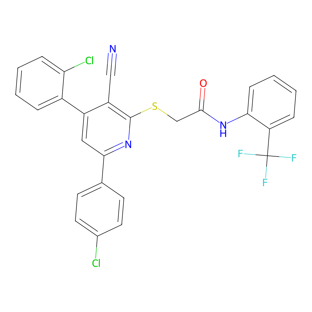2-((4-(2-Chlorophenyl)-6-(4-chlorophenyl)-3-cyanopyridin-2-yl)thio)-N-(2-(trifluoromethyl)phenyl)acetamide molecular structure, CAS 332372-39-1