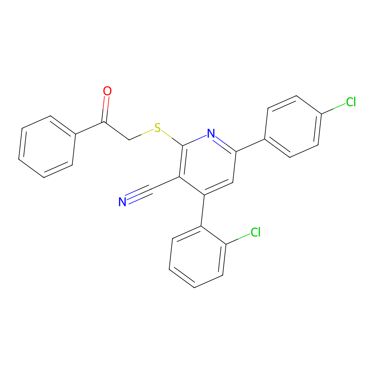 4-(2-Chlorophenyl)-6-(4-chlorophenyl)-2-((2-oxo-2-phenylethyl)thio)nicotinonitrile molecular structure, CAS 332372-44-8