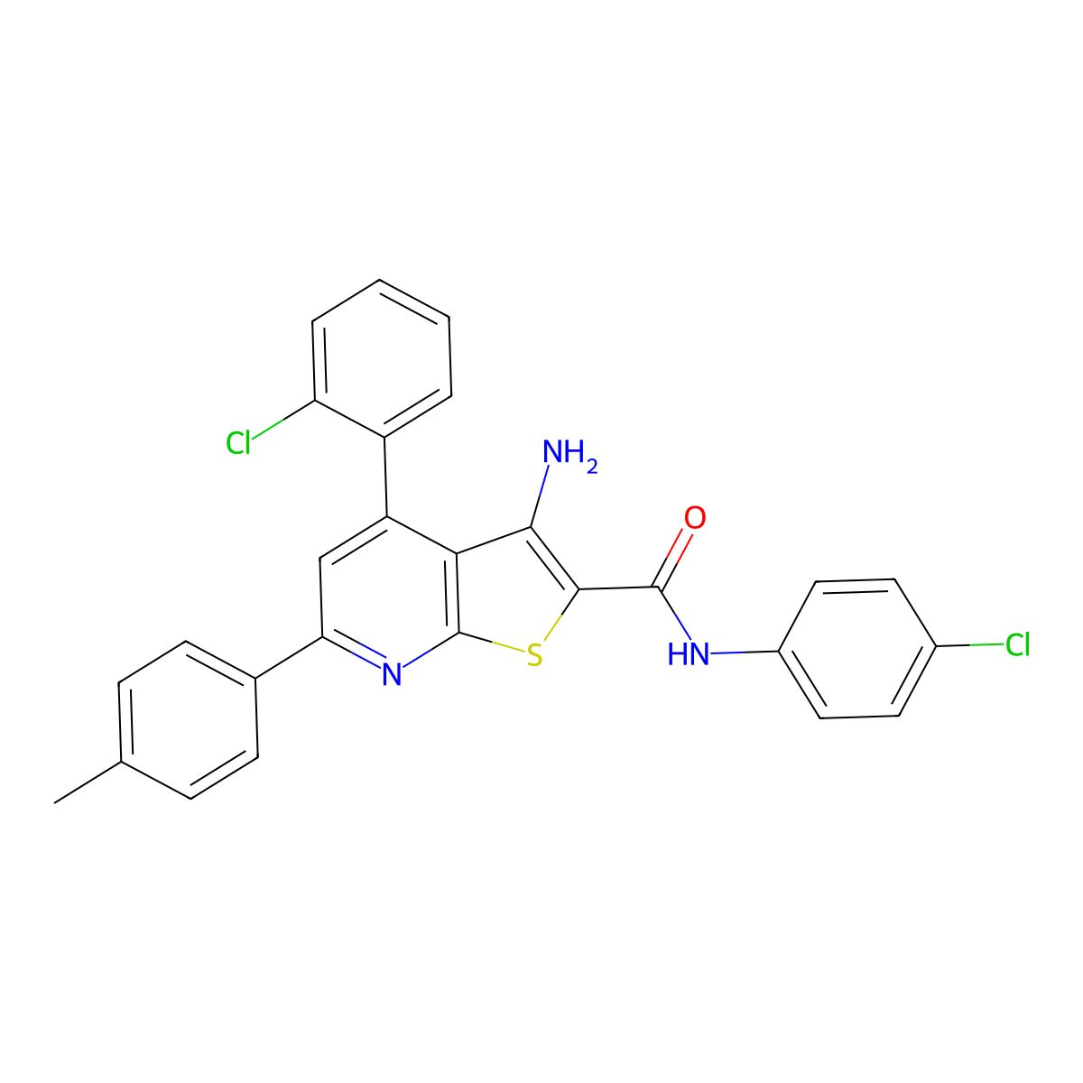 3-Amino-4-(2-chlorophenyl)-N-(4-chlorophenyl)-6-(p-tolyl)thieno[2,3-b]pyridine-2-carboxamide molecular structure, CAS 332372-56-2