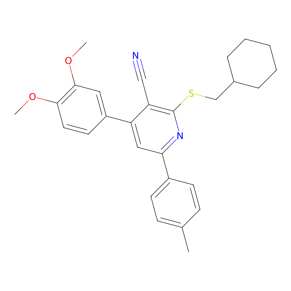 2-((Cyclohexylmethyl)thio)-4-(3,4-dimethoxyphenyl)-6-(p-tolyl)nicotinonitrile molecular structure, CAS 332372-89-1